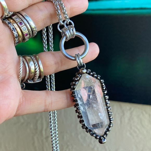 Natural Crystal quartz black electroplated boho goth stainless steel necklace - Picture 9 of 15